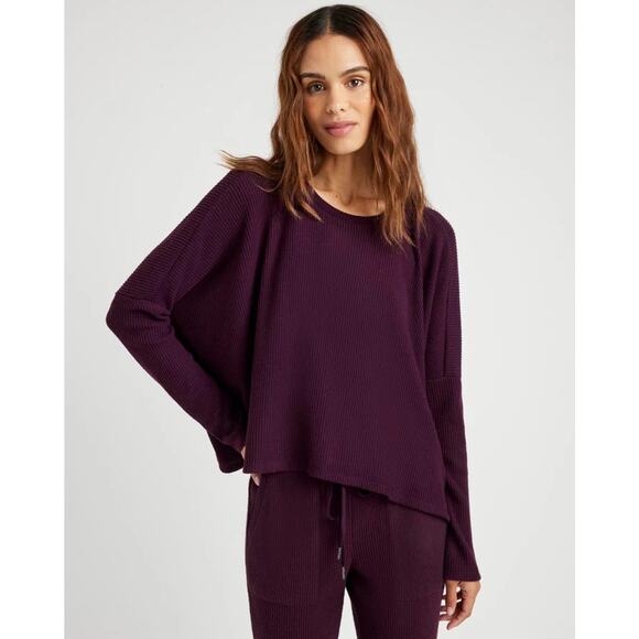 Splendid Women Purple Waffle Knit London Lounge Boxy Long Sleeve Top Size L